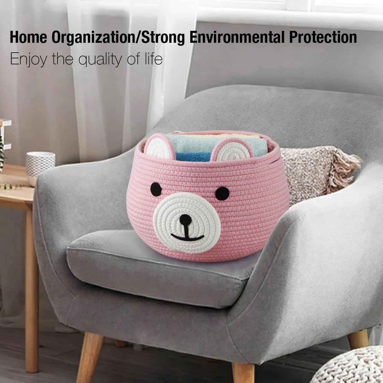 pandaear cotton rope baby basket, baby gift basket nursery laundry organizer with cute bear design for storage infant newborn essentials, diaper caddy with handle (pink) pandaear cotton rope baby basket, baby gift basket nursery laundry organizer with cute bear design for storage infant newborn essentials, diaper caddy with handle (pink)