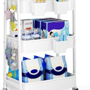 baby diaper caddy, 3 tier rolling baby essentials storage cart with wheels, newborn must haves stuff organizer, white three tiered utility carts for art, craft, changing diaper table, nursery, crib
