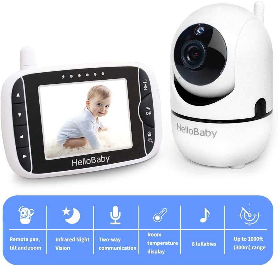hellobaby baby monitor with remote pan tilt zoom camera 3.2'' lcd screen upgraded 2020, infrared night vision, temperature display, lullaby, two way audio, with vox mode (3.2 inch) hellobaby baby monitor with remote pan tilt zoom camera 3.2'' lcd screen upgraded 2020, infrared night vision, temperature display, lullaby, two way audio, with vox mode (3.2 inch)