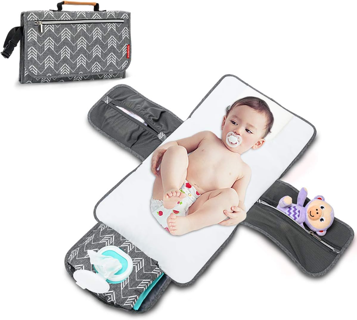 portable nappy changing mat, baby travel changing mat with storage pockets for toddlers infants & newborns, grey portable nappy changing mat, baby travel changing mat with storage pockets for toddlers infants & newborns, grey