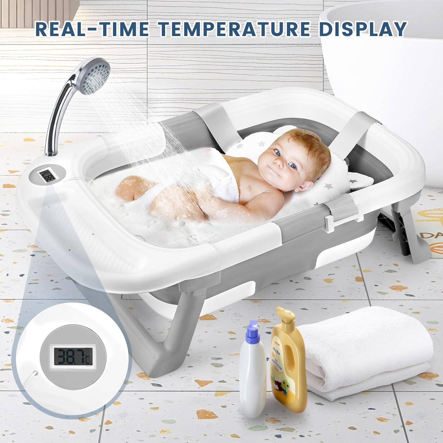 baby bathtub, newborns bath essentials, portable bath tub for infant 0 24 months,baby shower gifts with soft cushion,temperature sensor and tray baby bathtub, newborns bath essentials, portable bath tub for infant 0 24 months,baby shower gifts with soft cushion,temperature sensor and tray
