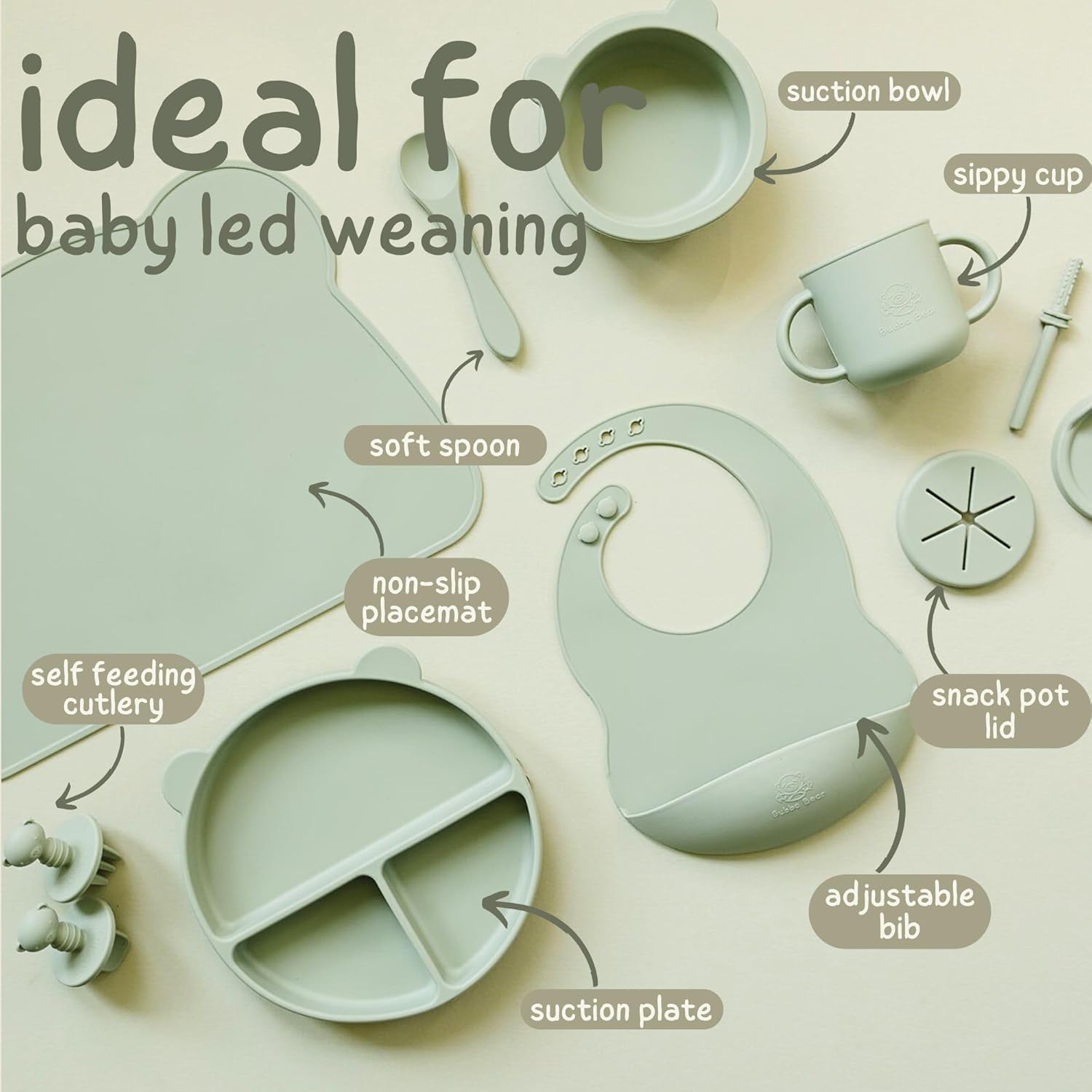 bubba bear silicone baby crockery set, non slip children's crockery set with suction cup, 11 pieces, bpa free learning to eat cutlery sets with spoon, fork, bowl, bib, cup, drinking cup (sage green) bubba bear silicone baby crockery set, non slip children's crockery set with suction cup, 11 pieces, bpa free learning to eat cutlery sets with spoon, fork, bowl, bib, cup, drinking cup (sage green)