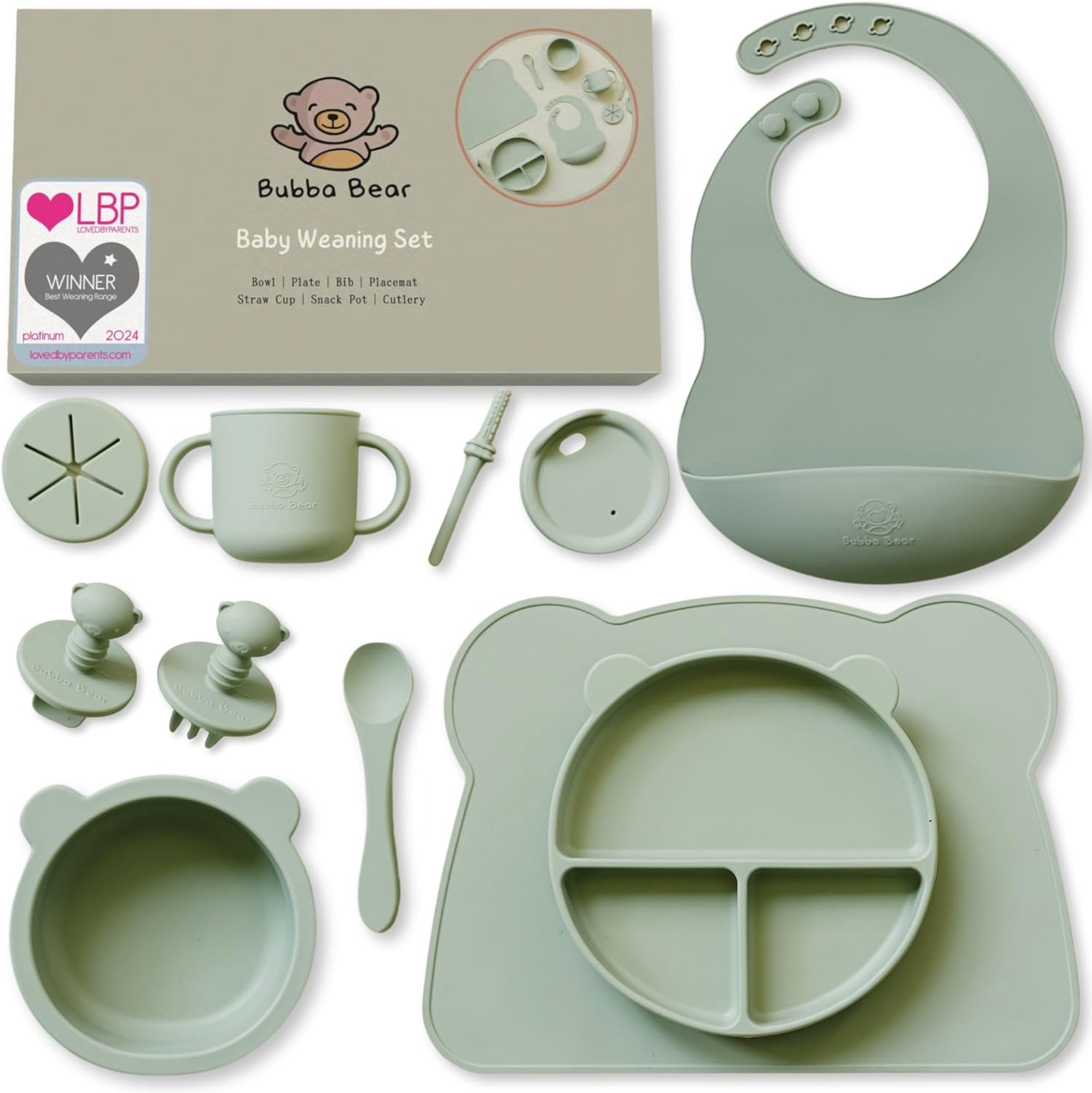 bubba bear silicone baby crockery set, non slip children's crockery set with suction cup, 11 pieces, bpa free learning to eat cutlery sets with spoon, fork, bowl, bib, cup, drinking cup (sage green) bubba bear silicone baby crockery set, non slip children's crockery set with suction cup, 11 pieces, bpa free learning to eat cutlery sets with spoon, fork, bowl, bib, cup, drinking cup (sage green)