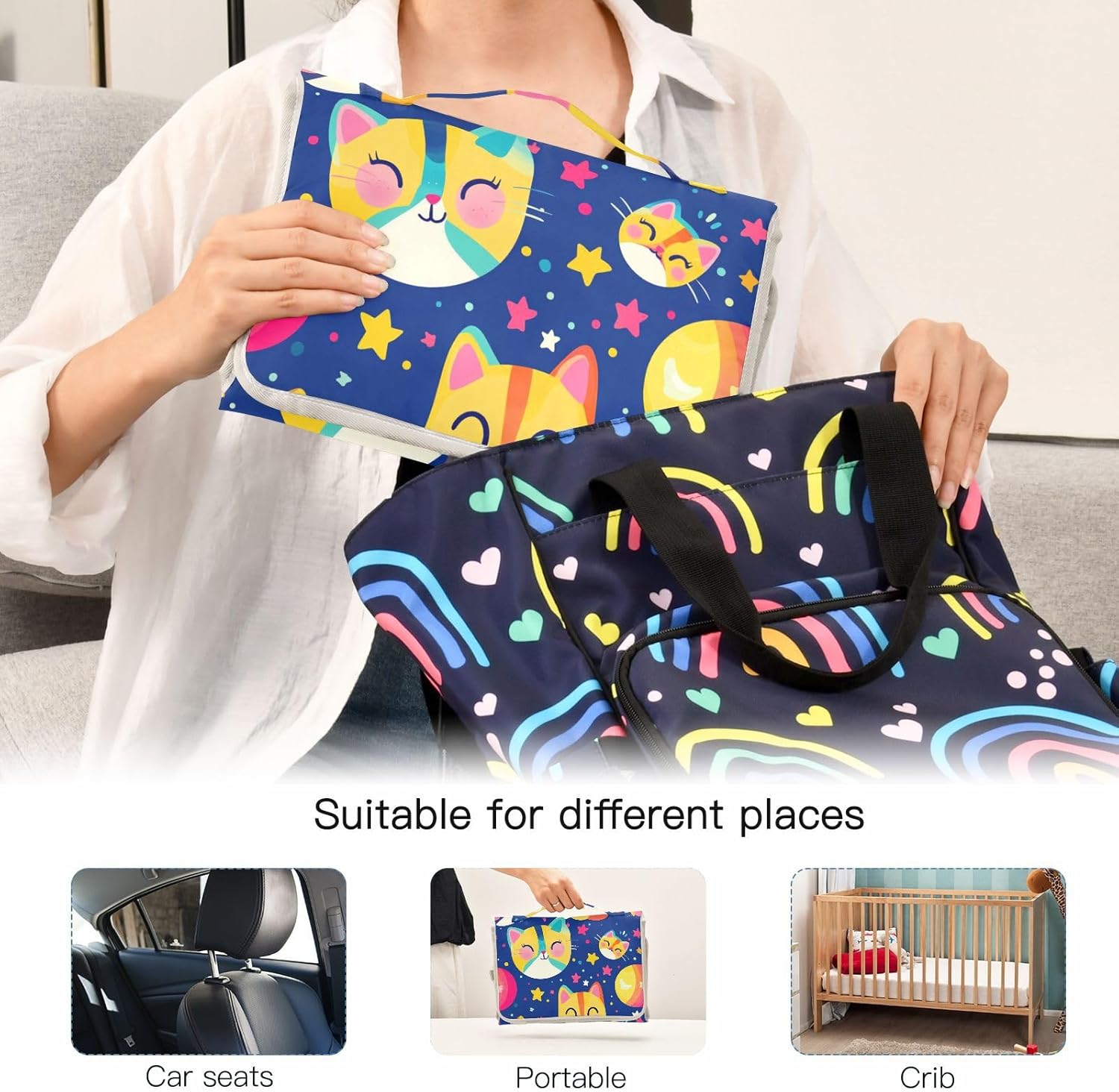 reusable baby changing mat with tissue pocket, portable baby changing mat infant travel station kit cartoon cats yellow navy sky reusable baby changing mat with tissue pocket, portable baby changing mat infant travel station kit cartoon cats yellow navy sky
