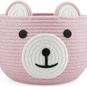 pandaear cotton rope baby basket, baby gift basket nursery laundry organizer with cute bear design for storage infant newborn essentials, diaper caddy with handle (pink)