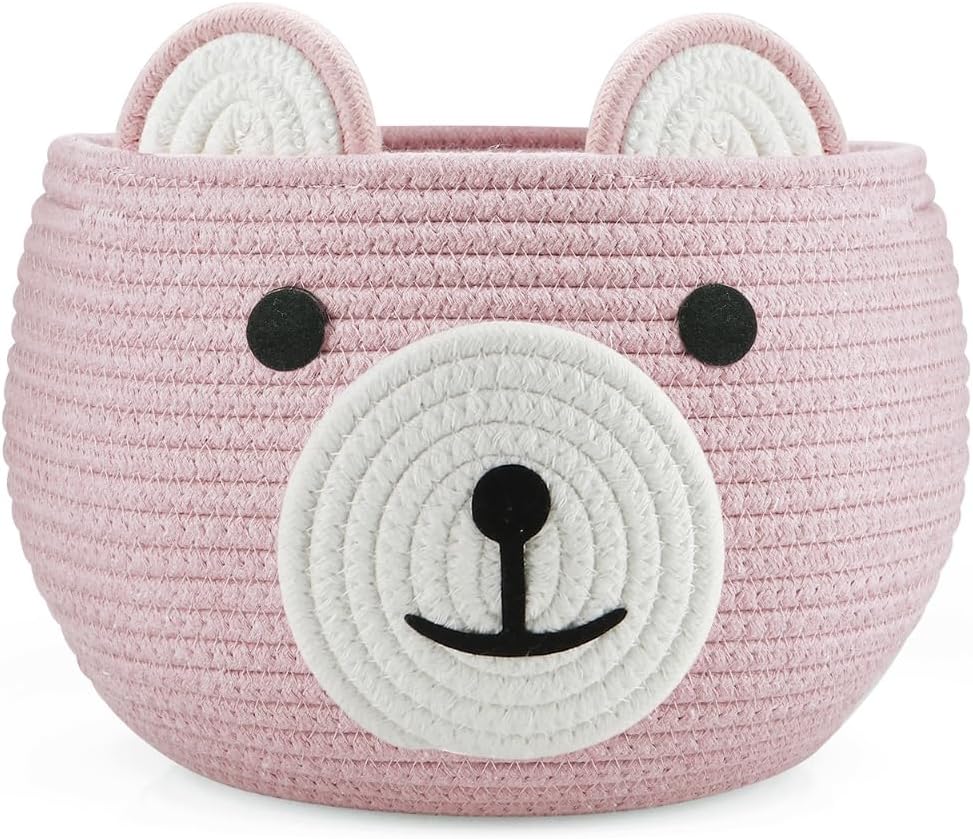 pandaear cotton rope baby basket, baby gift basket nursery laundry organizer with cute bear design for storage infant newborn essentials, diaper caddy with handle (pink) pandaear cotton rope baby basket, baby gift basket nursery laundry organizer with cute bear design for storage infant newborn essentials, diaper caddy with handle (pink)