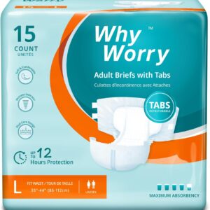whyworry adult nappies for women and men, disposable adult diapers for incontinence with overnight absorbency, odor control, unisex, large, 15 count