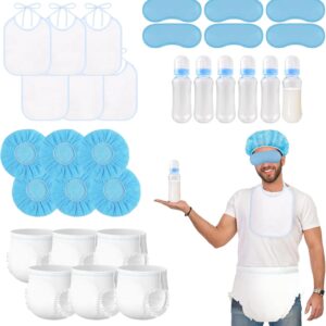 6 sets bottle chug baby shower games juegos para plastic baby bottles bibs hat disposable diapers gender reveal games baby changing diaper race game decoration (pink) (blue)