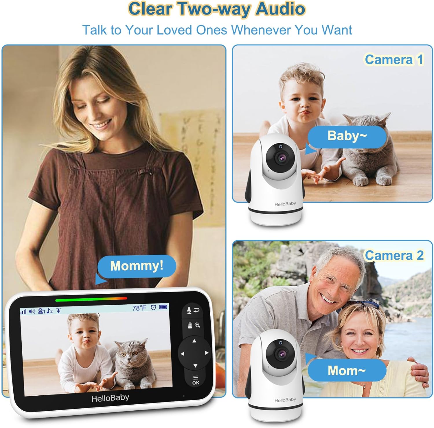 hellobaby video baby monitor with 2 cameras and 5 inch split screen display, remote control cameras with night vision and temprature monitoring hellobaby video baby monitor with 2 cameras and 5 inch split screen display, remote control cameras with night vision and temprature monitoring