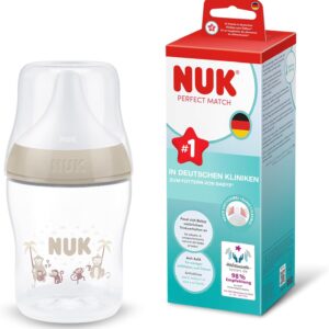nuk perfect match baby bottle | 0+ months | 150 ml | anti colic drinking bottle | pp | temperature control display | monkey | pack of 1