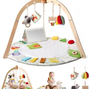 promise babe baby wooden play mat play arch wooden gym 6 interactive sensory toys for motor skills & sensory promotion suitable for newborns (0 12+ months)