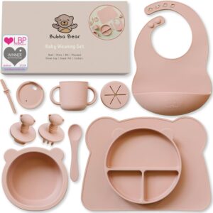 bubba bear silicone baby crockery set, non slip children's crockery set with suction cup, 11 pieces bpa free learning to eat cutlery sets with spoon, fork, bowl, bib, cup, drinking cup (dusty pink)