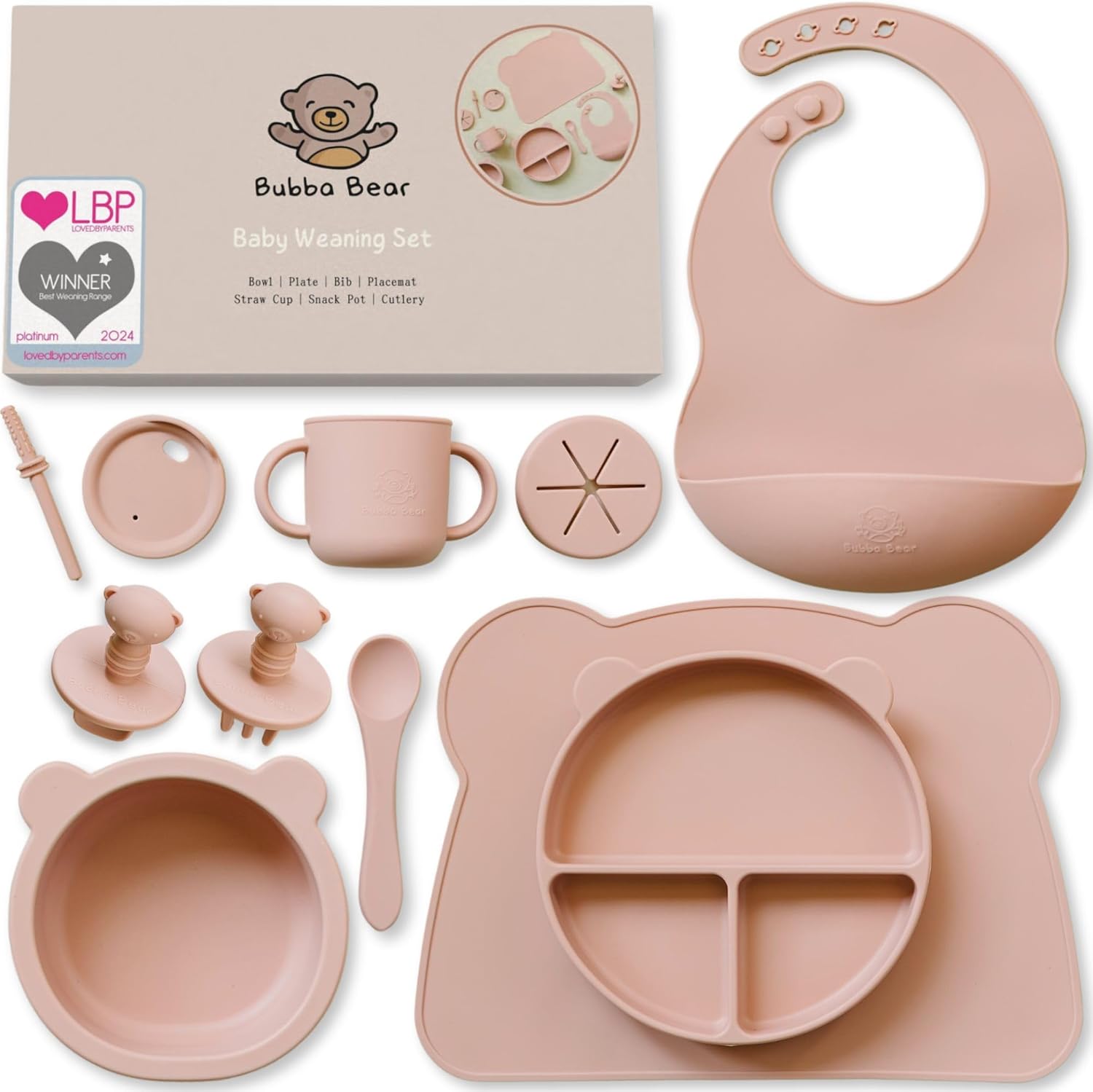 bubba bear silicone baby crockery set, non slip children's crockery set with suction cup, 11 pieces bpa free learning to eat cutlery sets with spoon, fork, bowl, bib, cup, drinking cup (dusty pink) bubba bear silicone baby crockery set, non slip children's crockery set with suction cup, 11 pieces bpa free learning to eat cutlery sets with spoon, fork, bowl, bib, cup, drinking cup (dusty pink)
