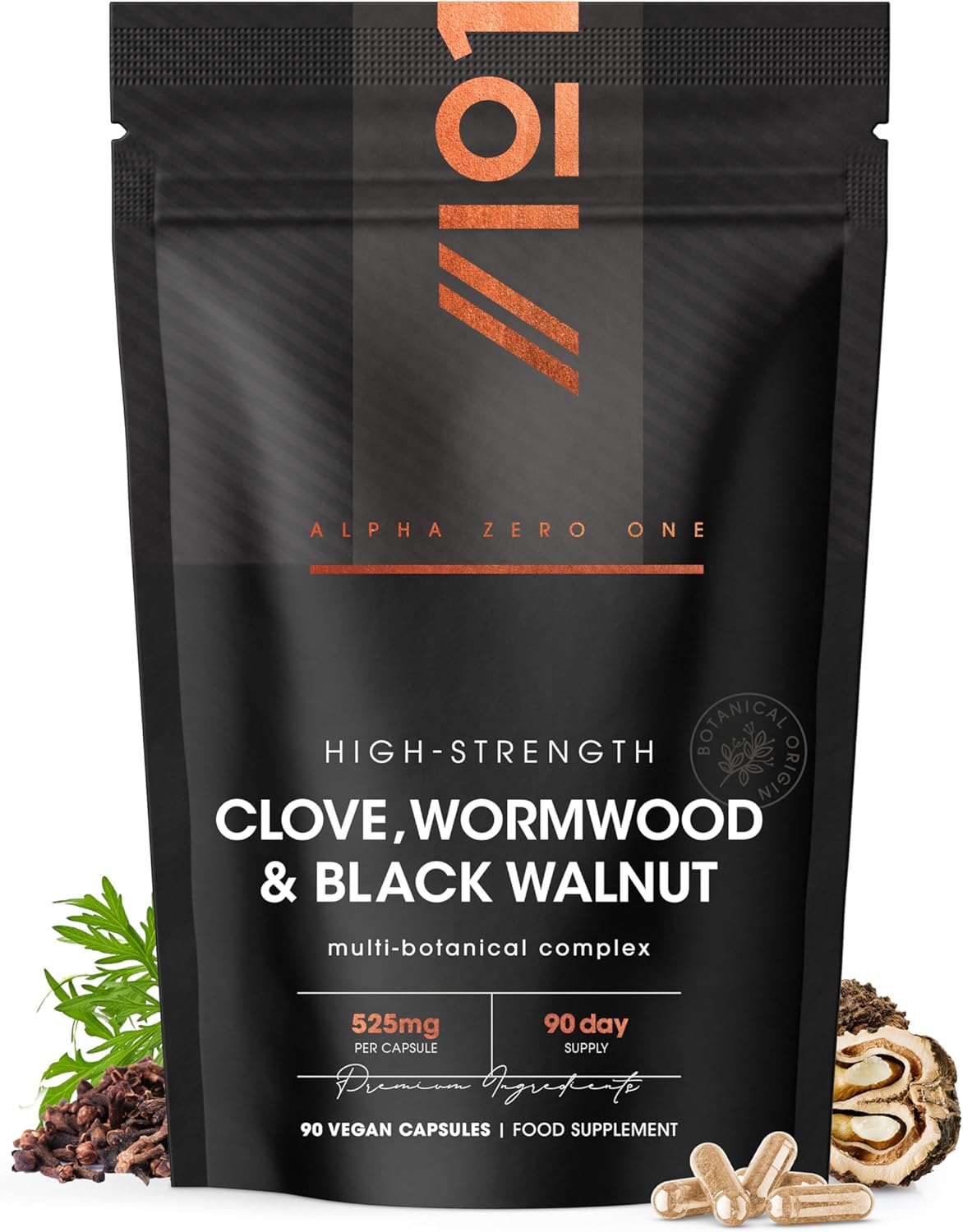 clove, wormwood & green black walnut hull 525mg – 90 vegan capsules – high strength multi botanical complex supplement – resealable and recyclable pouch by alpha01 clove, wormwood & green black walnut hull 525mg – 90 vegan capsules – high strength multi botanical complex supplement – resealable and recyclable pouch by alpha01