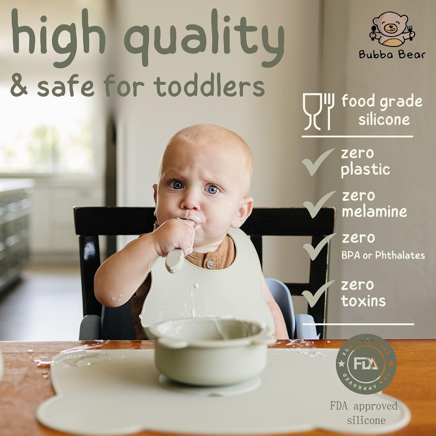 bubba bear silicone baby crockery set, non slip children's crockery set with suction cup, 11 pieces, bpa free learning to eat cutlery sets with spoon, fork, bowl, bib, cup, drinking cup (sage green) bubba bear silicone baby crockery set, non slip children's crockery set with suction cup, 11 pieces, bpa free learning to eat cutlery sets with spoon, fork, bowl, bib, cup, drinking cup (sage green)