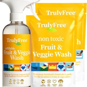 truly free natural fruit and veggie wash starter kit organic produce vegetable cleaner and fruit washer, health & household supplies 16oz spray bottle, 2 refills (4oz) no harmful ingredients
