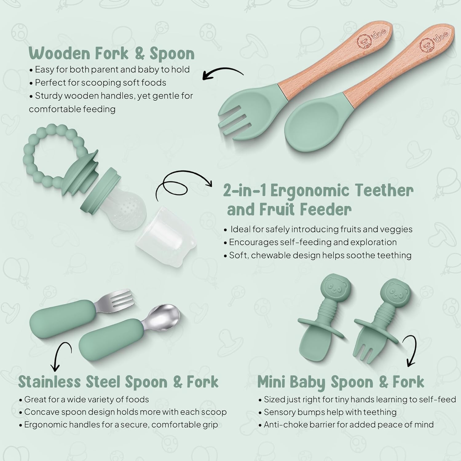 o'doe 17 piece bpa free silicone baby feeding set | thick & soft suction plates, baby bowls, wooden fork & spoon, and more | make mealtime fun and easy for your little one (green, v2) o'doe 17 piece bpa free silicone baby feeding set | thick & soft suction plates, baby bowls, wooden fork & spoon, and more | make mealtime fun and easy for your little one (green, v2)