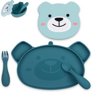 tum tum baby feeding set baby feeding set with silicone plate and bowl and cutlery for children, 6 months+ l'orso boris, blue