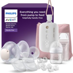 philips avent hands free breast pump starter set, hospital strength motor, mimics baby's drinking rhythm, pumps up to 85 times per minute, with feeding and storage products, model scd553/11