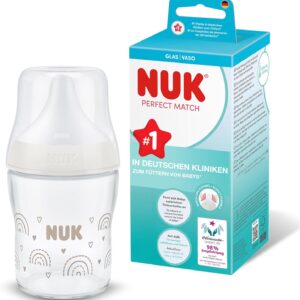 nuk perfect match baby bottle | 0+ months | 120 ml | anti colic bottle | glass | temperature control indicator | rainbow | pack of 1