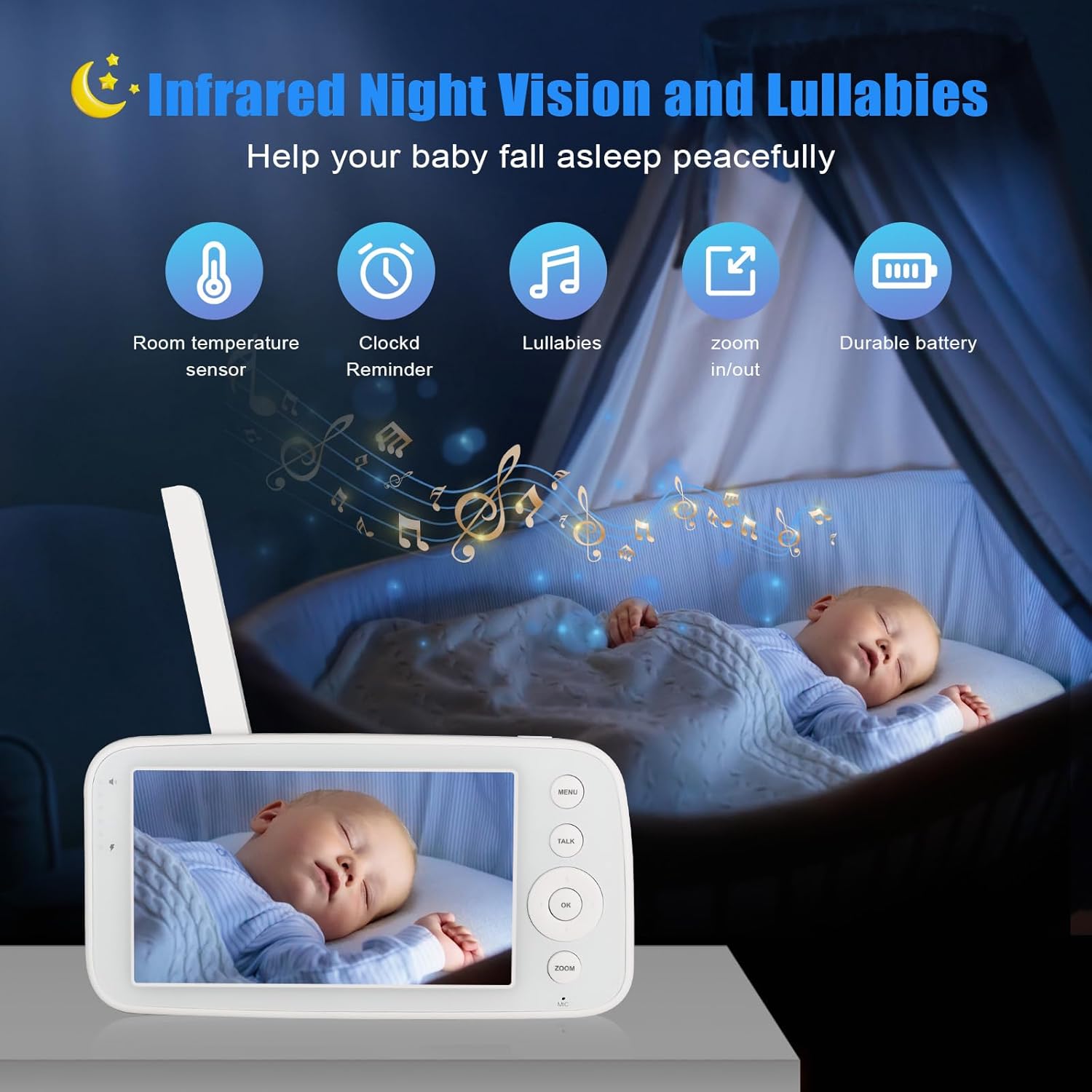 baby monitor with 5.0" ips screen baby camera monitor with remote pan tilt zoom camera no wifi no app two way audio infrared night vision 2.4g fhss signal transmission baby monitor with 5.0" ips screen baby camera monitor with remote pan tilt zoom camera no wifi no app two way audio infrared night vision 2.4g fhss signal transmission
