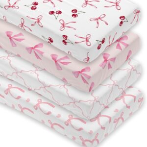 4 pack pink bow crib sheet set for baby girl, soft breathable fitted crib sheet 28 x 52 in, nursery decor for standard crib and toddler bed mattresses