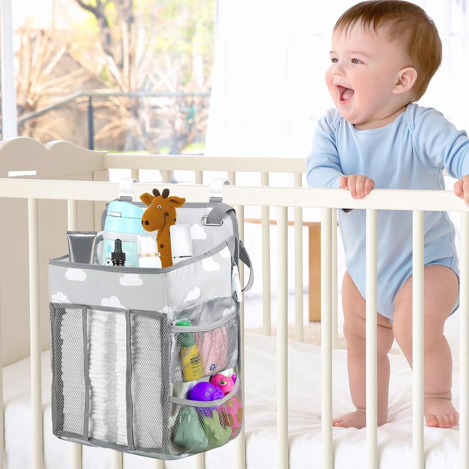 diaper holder crib waterproof baby organizer for nursery, stable storage stacker, adjustable multi pocket storage, portable crib accessories for diapers, wipes, bottles, clothes, toys diaper holder crib waterproof baby organizer for nursery, stable storage stacker, adjustable multi pocket storage, portable crib accessories for diapers, wipes, bottles, clothes, toys