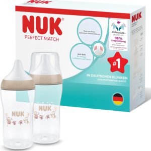 nuk perfect match baby bottle | 3+ months | 260 ml | anti colic bottle | pp | temperature control indicator | monkey | pack of 2