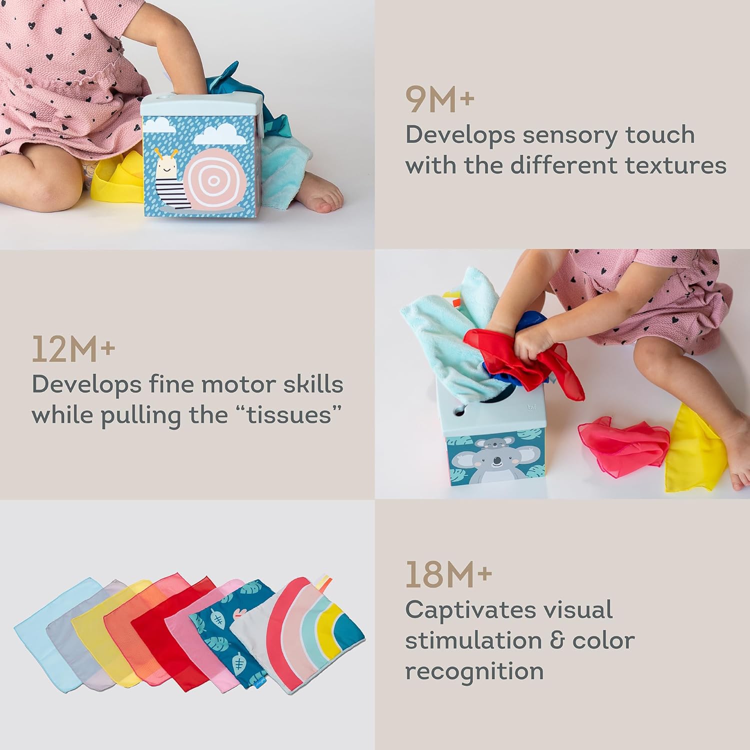 taf toys wonder baby tissue box toy for infants & toddlers. baby sensory box. tummy time toy colourful pull scarves & crinkling blankies. educational learning toy. suitable for 12 months + taf toys wonder baby tissue box toy for infants & toddlers. baby sensory box. tummy time toy colourful pull scarves & crinkling blankies. educational learning toy. suitable for 12 months +
