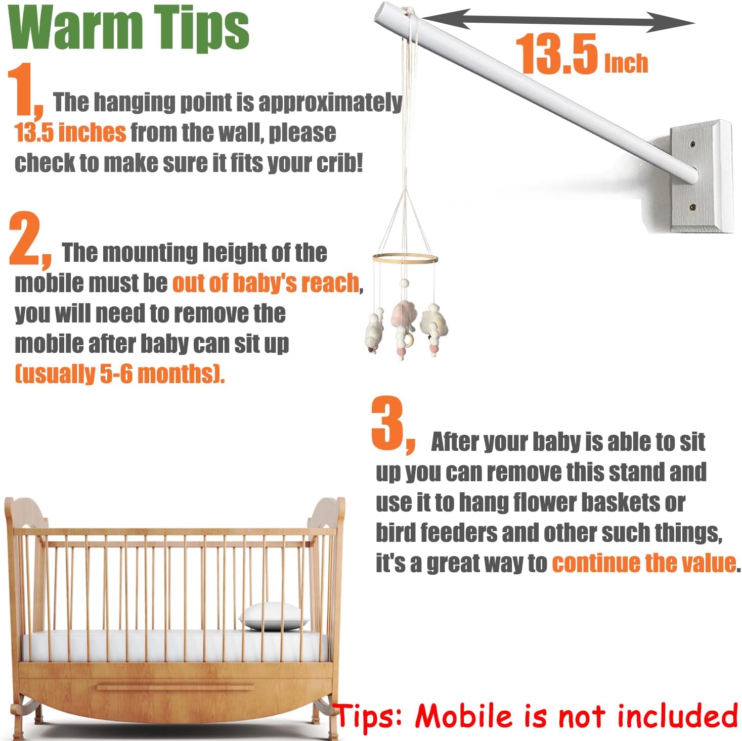 crib mobile wooden arm, wall mounted suitable for all cribs 100% natural larch hanger nusery decor baby room safe holder(mobile is not included crib mobile wooden arm, wall mounted suitable for all cribs 100% natural larch hanger nusery decor baby room safe holder(mobile is not included