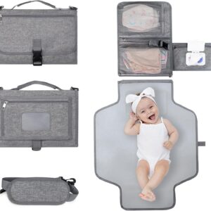 bebamour portable nappy changing mats with wipes pocket travel baby changing pads with head cushion for infants waterproof diaper changing pads newborn essentials, grey