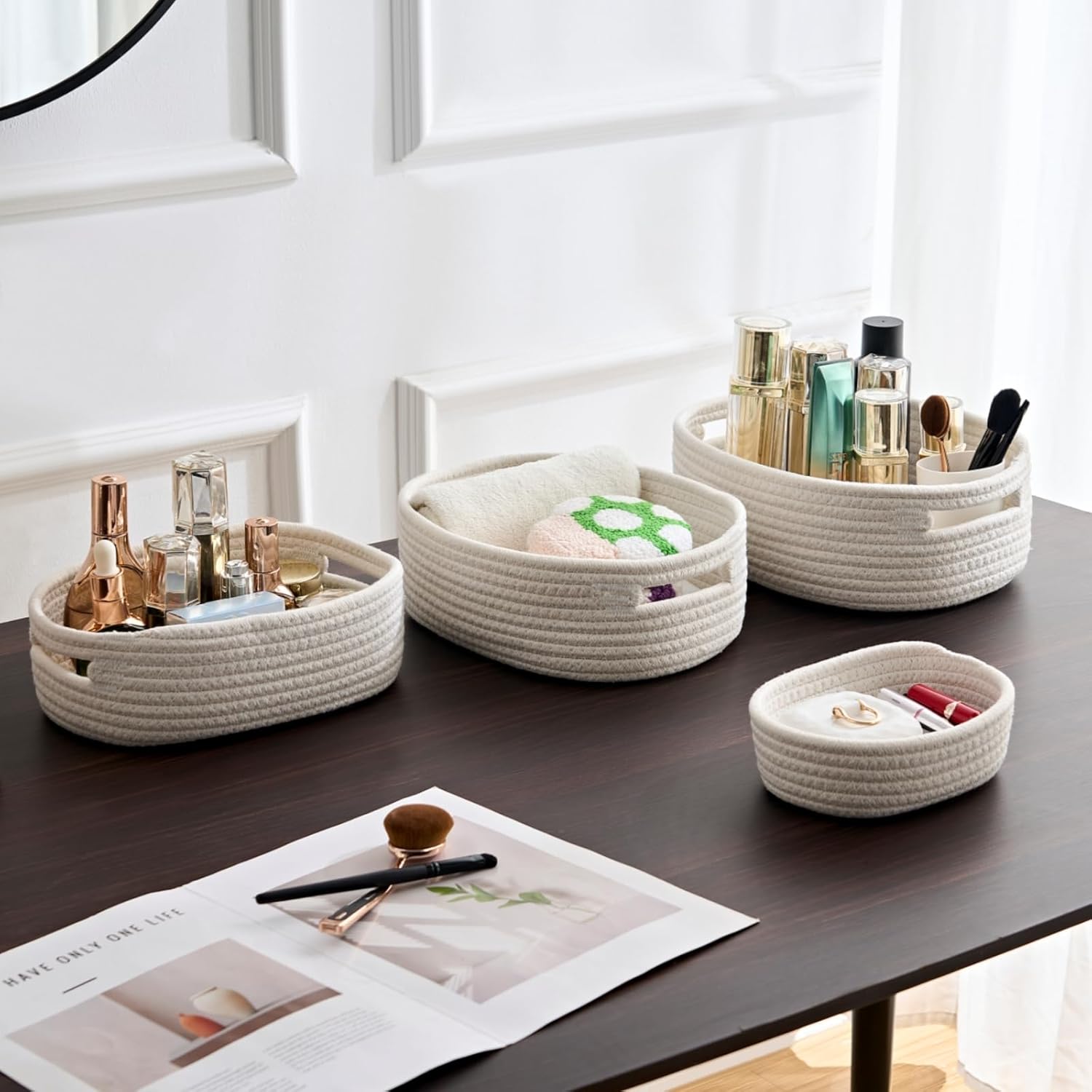 sagittar set of 7 storage basket woven cotton rope, hand knitted storage baskets for bathroom shelve nursery, decorative basket organizer bins, white sagittar set of 7 storage basket woven cotton rope, hand knitted storage baskets for bathroom shelve nursery, decorative basket organizer bins, white