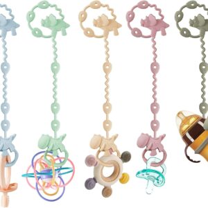 pandaear pack of 5 silicone dummy chain, cup catcher, baby pram toy chain attachment, dinosaur baby toy safety belts for bottles, teething ring, high chairs