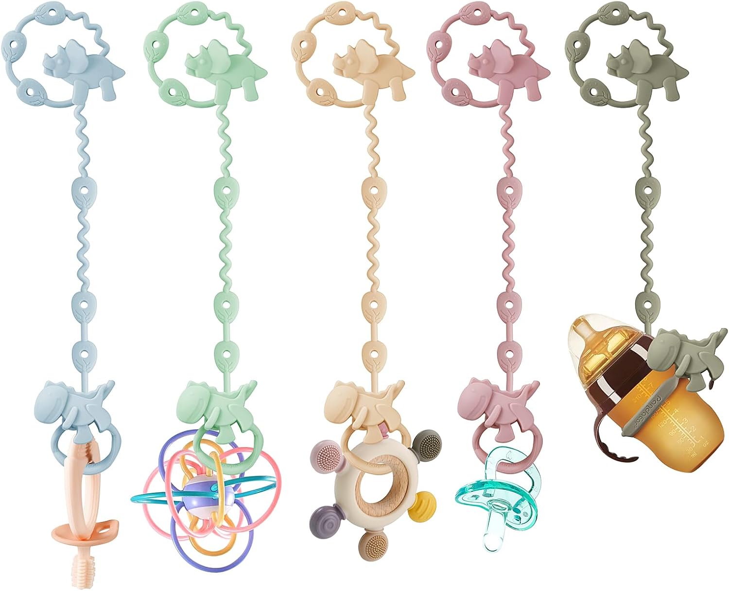 pandaear pack of 5 silicone dummy chain, cup catcher, baby pram toy chain attachment, dinosaur baby toy safety belts for bottles, teething ring, high chairs pandaear pack of 5 silicone dummy chain, cup catcher, baby pram toy chain attachment, dinosaur baby toy safety belts for bottles, teething ring, high chairs