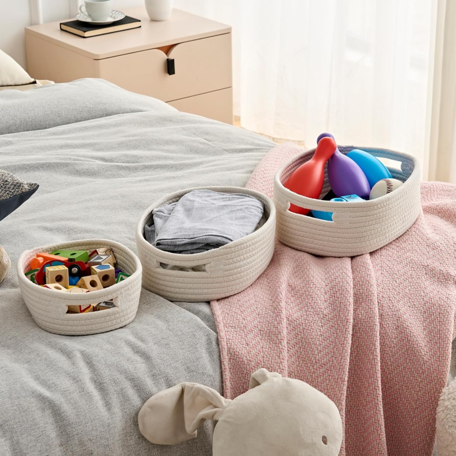 sagittar set of 7 storage basket woven cotton rope, hand knitted storage baskets for bathroom shelve nursery, decorative basket organizer bins, white sagittar set of 7 storage basket woven cotton rope, hand knitted storage baskets for bathroom shelve nursery, decorative basket organizer bins, white