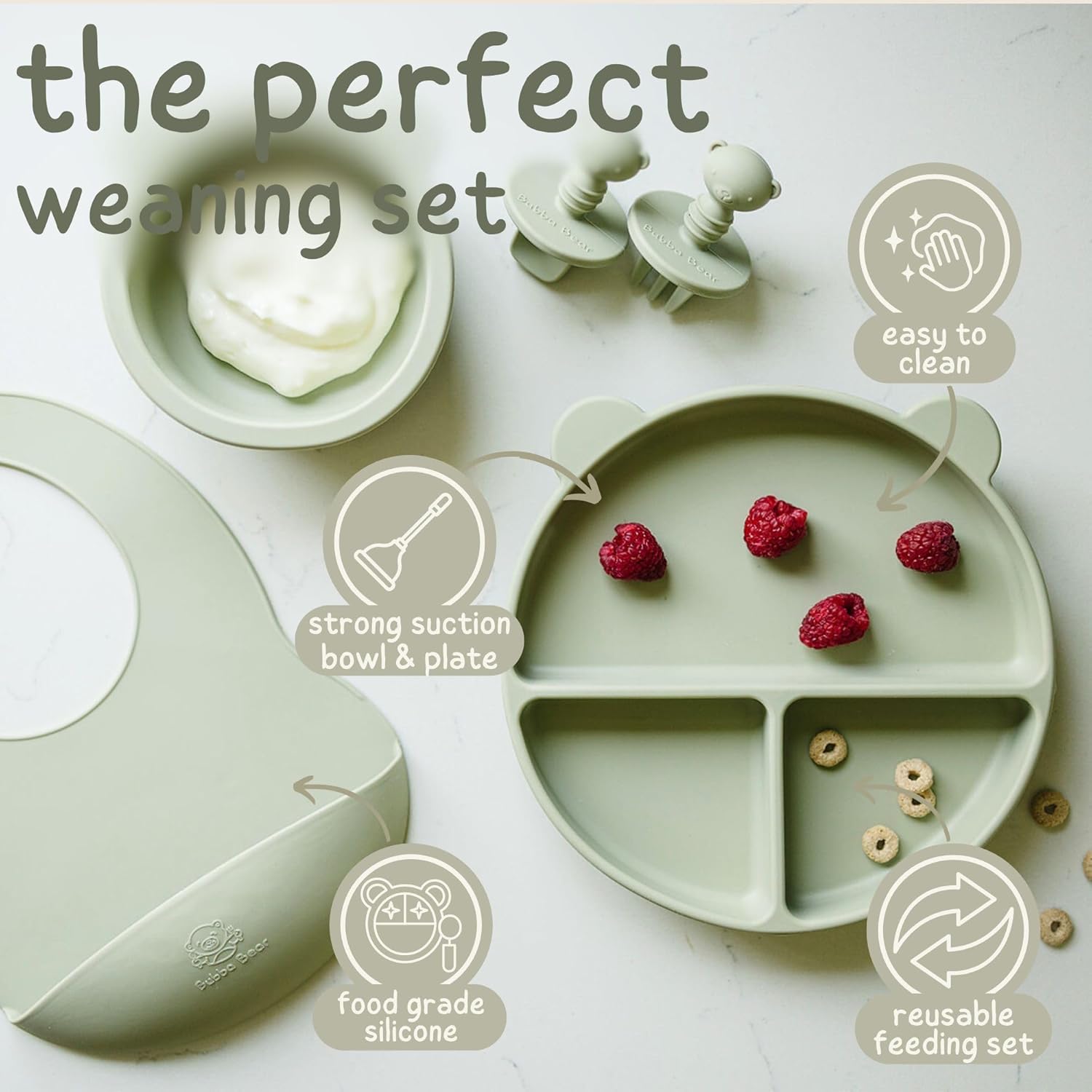 bubba bear silicone baby crockery set, non slip children's crockery set with suction cup, 11 pieces, bpa free learning to eat cutlery sets with spoon, fork, bowl, bib, cup, drinking cup (sage green) bubba bear silicone baby crockery set, non slip children's crockery set with suction cup, 11 pieces, bpa free learning to eat cutlery sets with spoon, fork, bowl, bib, cup, drinking cup (sage green)