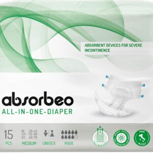 absorbeo nappies maxi pack of 15, absorbent aid for severe bladder weakness, absolute comfort, total protection, anti odour system, fully breathable, unisex, size m