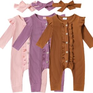 newborn baby girls ruffle sleepsuits with bowknot headband infant long sleeve outfit plain footless jumpsuit crew neck striped bodysuit solid color