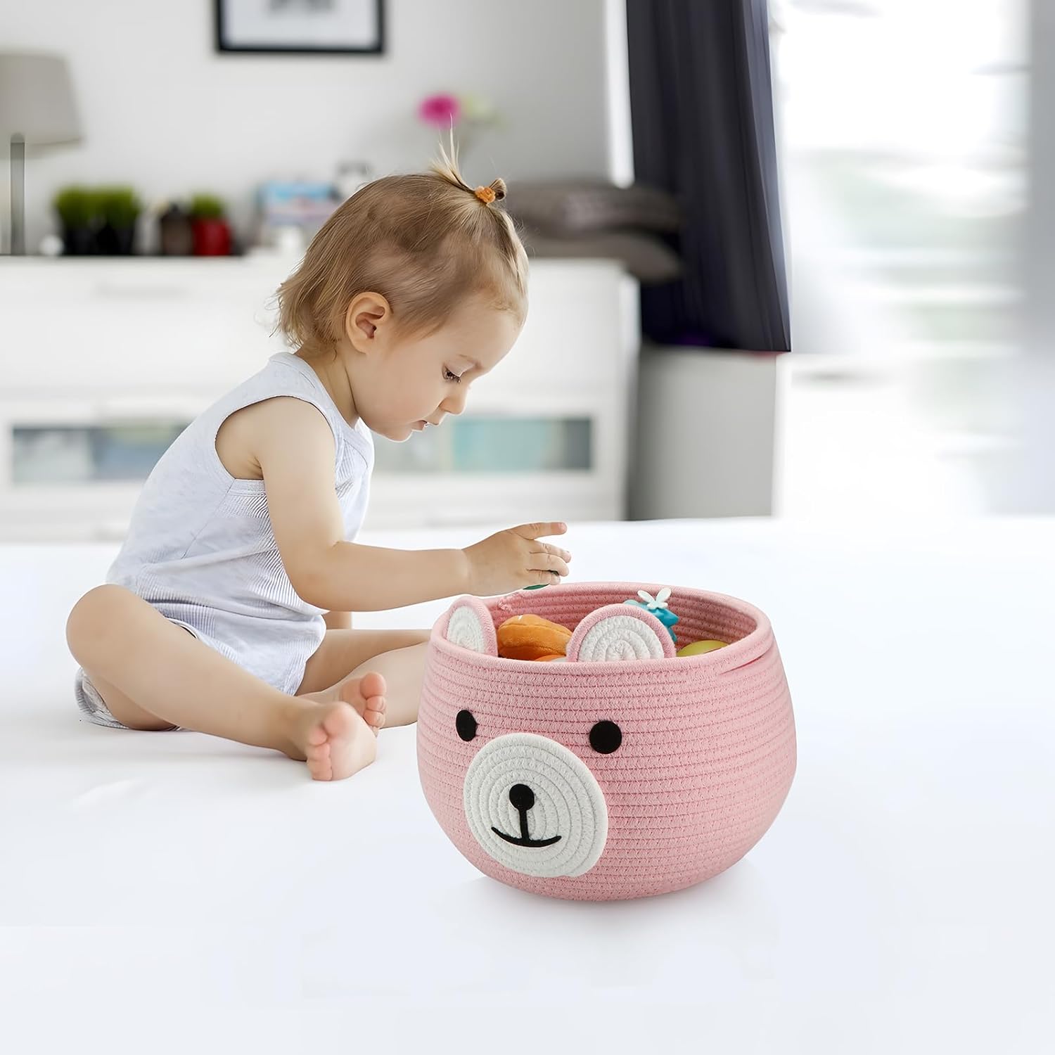 pandaear cotton rope baby basket, baby gift basket nursery laundry organizer with cute bear design for storage infant newborn essentials, diaper caddy with handle (pink) pandaear cotton rope baby basket, baby gift basket nursery laundry organizer with cute bear design for storage infant newborn essentials, diaper caddy with handle (pink)