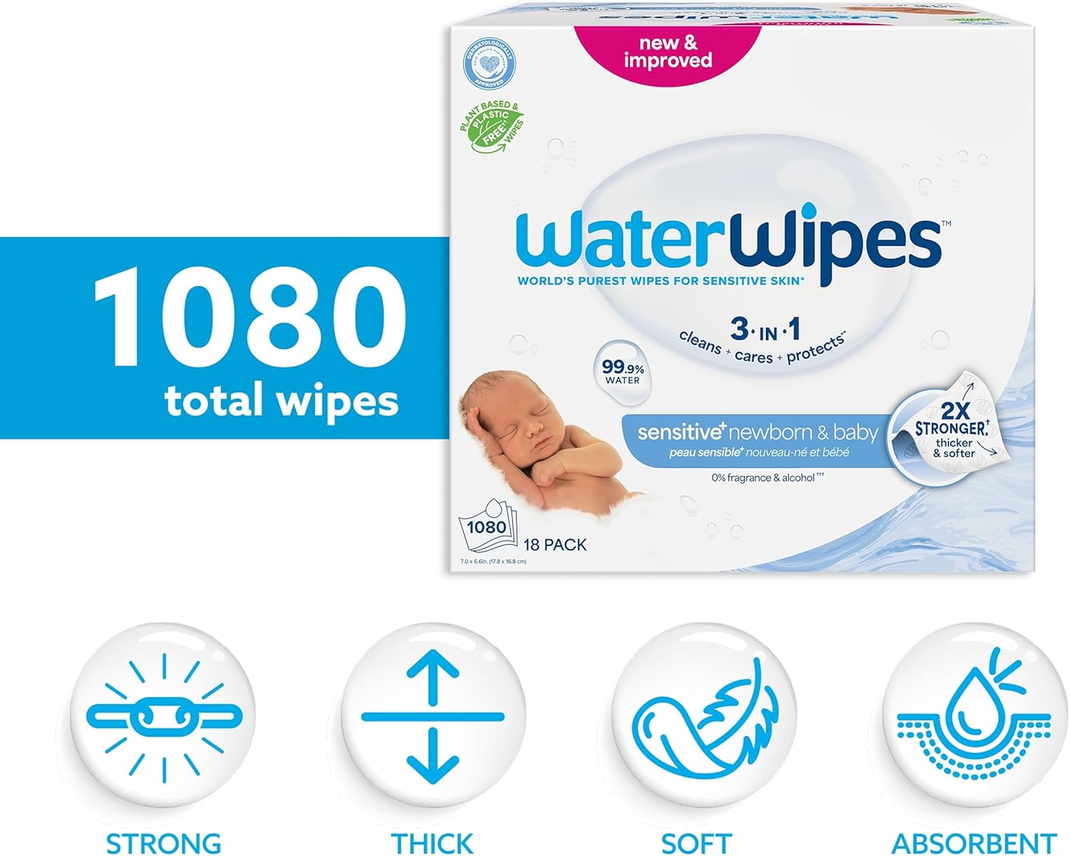 waterwipes sensitive+ newborn & baby wipes, 1080 count (18 packs), 3 in 1 cleans, cares, protects, 99.9% water, unscented waterwipes sensitive+ newborn & baby wipes, 1080 count (18 packs), 3 in 1 cleans, cares, protects, 99.9% water, unscented