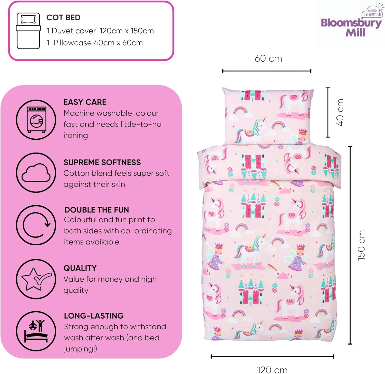 bloomsbury mill – cot bed duvet cover and pillow case set for girls unicorn, princess & rainbow girls bedding set reversible toddler bedding for kids 120 x 150 cm bloomsbury mill – cot bed duvet cover and pillow case set for girls unicorn, princess & rainbow girls bedding set reversible toddler bedding for kids 120 x 150 cm