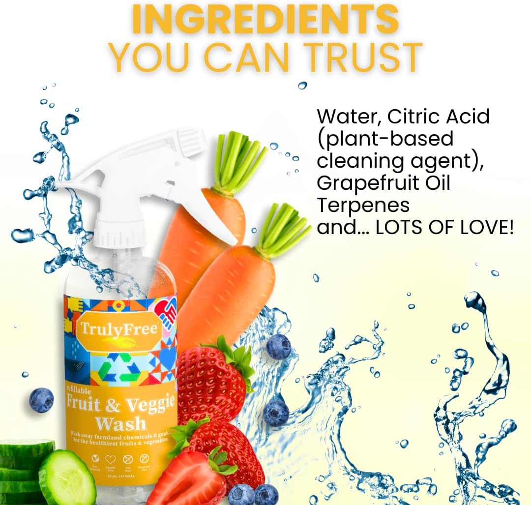 truly free natural fruit and veggie wash starter kit organic produce vegetable cleaner and fruit washer, health & household supplies 16oz spray bottle, 2 refills (4oz) no harmful ingredients truly free natural fruit and veggie wash starter kit organic produce vegetable cleaner and fruit washer, health & household supplies 16oz spray bottle, 2 refills (4oz) no harmful ingredients