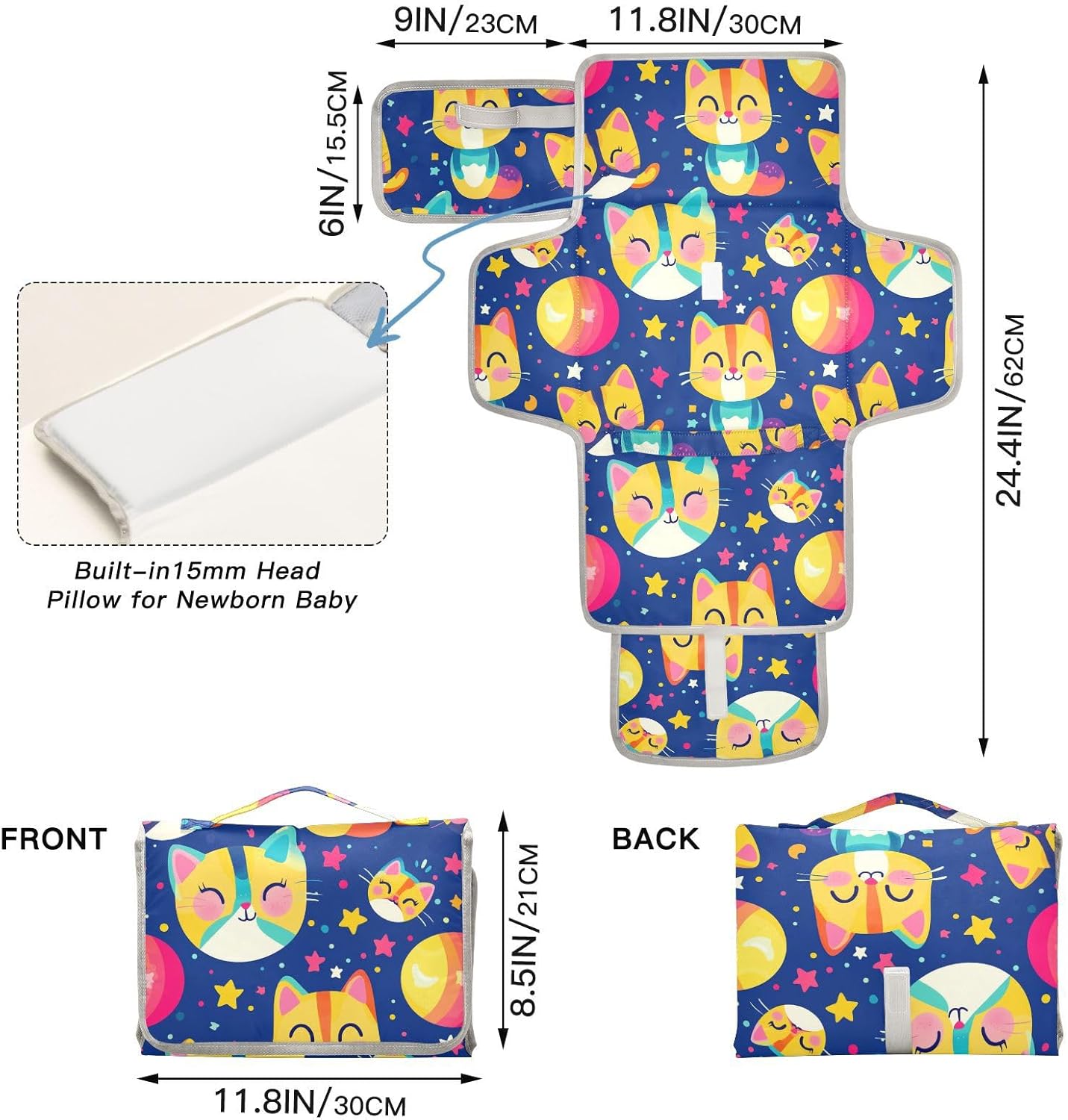 reusable baby changing mat with tissue pocket, portable baby changing mat infant travel station kit cartoon cats yellow navy sky reusable baby changing mat with tissue pocket, portable baby changing mat infant travel station kit cartoon cats yellow navy sky