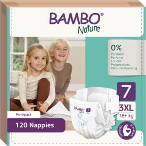 bambo nature nappies size 7 (18+kg), box of 120 disposable nappies, eco nappy with enhanced leakage protection, secure baby nappy, skin friendly for ultimate comfort