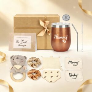 baby shower gifts, newborn baby hamper basket, gift set for newborn unisex, boy, girl new baby gift with gift bag for mum, insulated cup, baby bib, rattle, decison coin new parents hamper