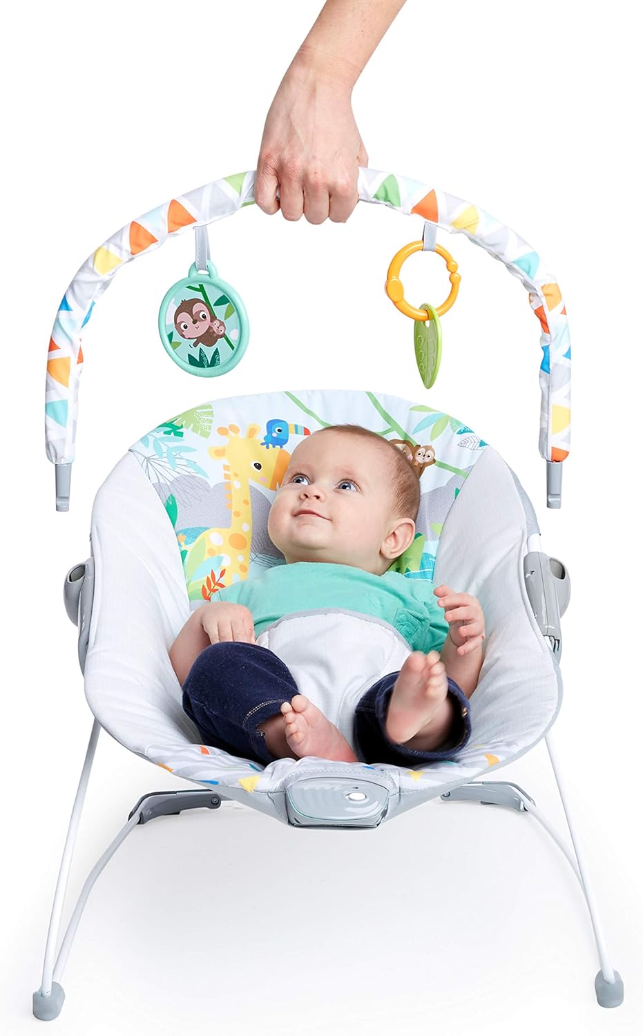 bright starts, safari fun baby rocker, baby swing with soothing vibrations, play arch with 2 toys, 3 point harness seat, machine washable seat cushion, from birth to 9 kg bright starts, safari fun baby rocker, baby swing with soothing vibrations, play arch with 2 toys, 3 point harness seat, machine washable seat cushion, from birth to 9 kg