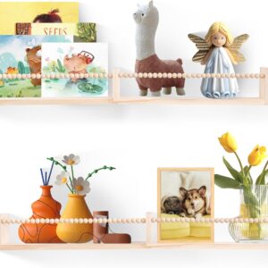 nursery shelves for wall，kids bookshelves set of 2,floating bookshelf baby book toy display storage organizer decor with wooden beads bar,preassembled,natural pine wood,81.5cm