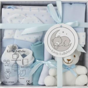 newborn 7 piece luxury boxed baby gift set (0 3 months) with bundle bear "welcome baby" card, baby showers gift & newborn baby gift, available in blue, pink & white (blue)