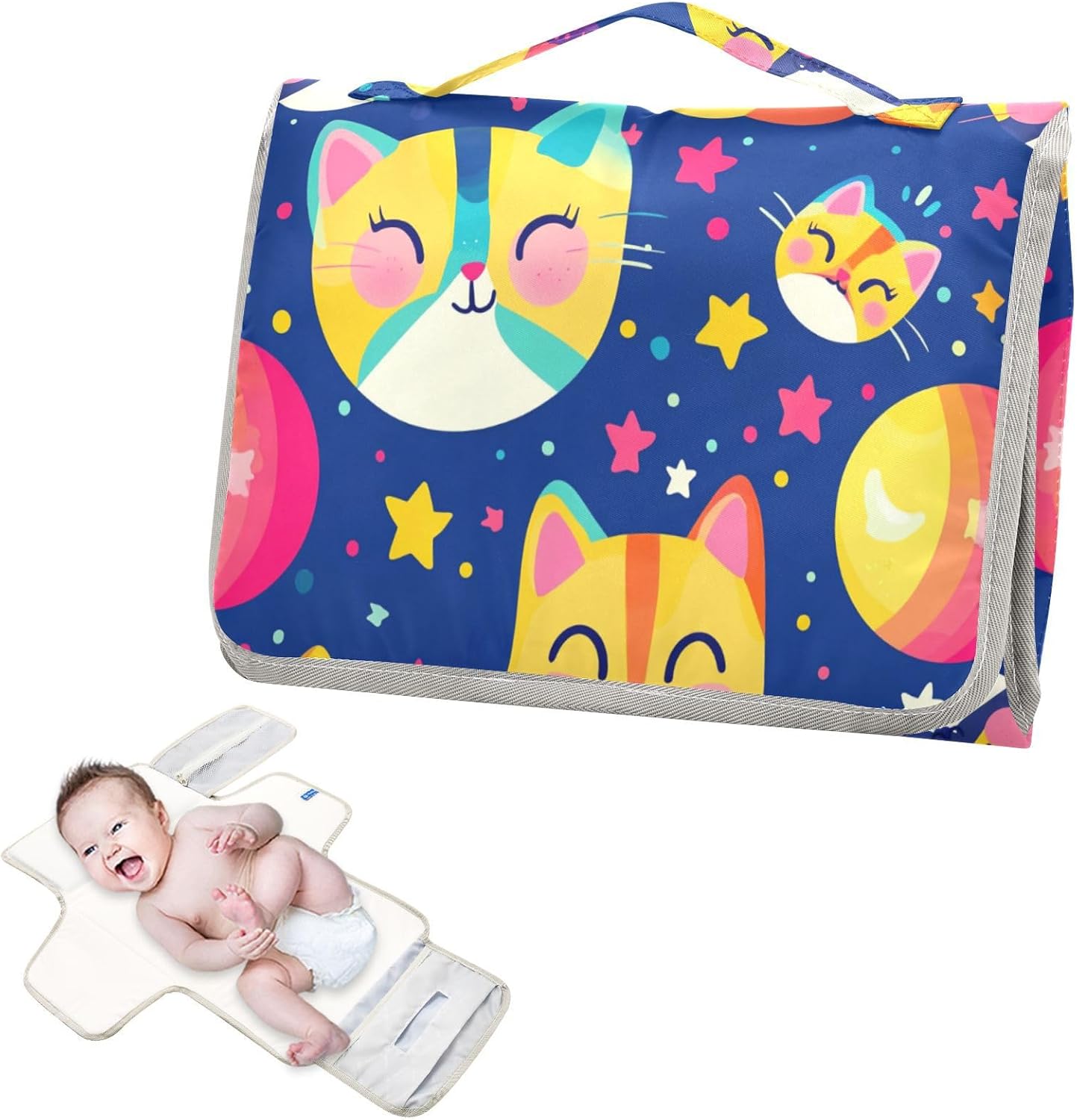 reusable baby changing mat with tissue pocket, portable baby changing mat infant travel station kit cartoon cats yellow navy sky reusable baby changing mat with tissue pocket, portable baby changing mat infant travel station kit cartoon cats yellow navy sky