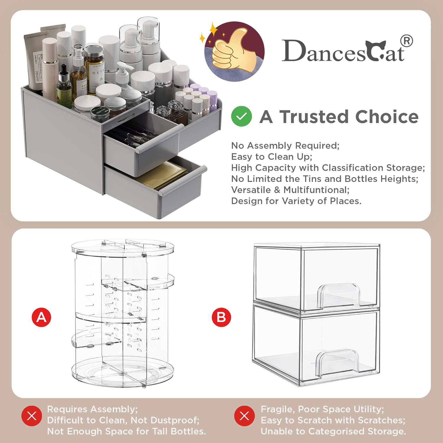 makeup organizer storage drawers, large capacity cosmetic organisers for lipsticks, jewelry, nail care, skincare organiser for vanity, ideal desk organizer for dresser and bathroom (grey) makeup organizer storage drawers, large capacity cosmetic organisers for lipsticks, jewelry, nail care, skincare organiser for vanity, ideal desk organizer for dresser and bathroom (grey)